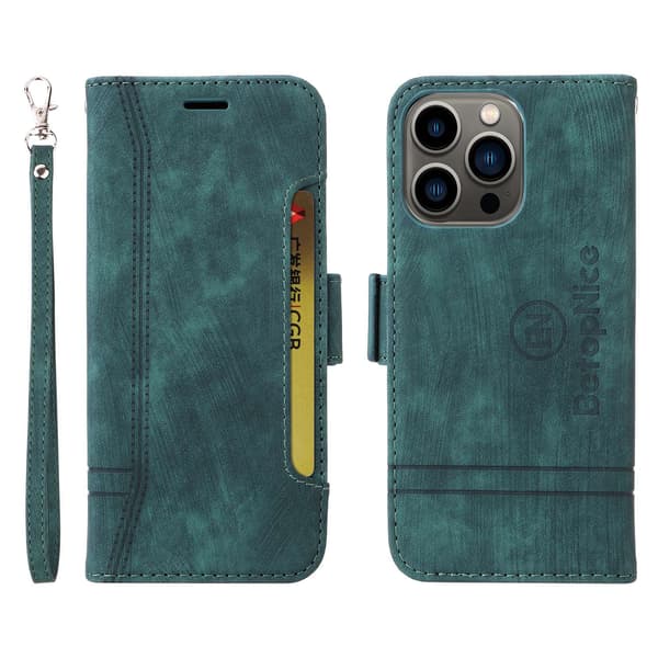 Etui til iPhone 14 Pro grøn pung med kortholder flip soft-touch