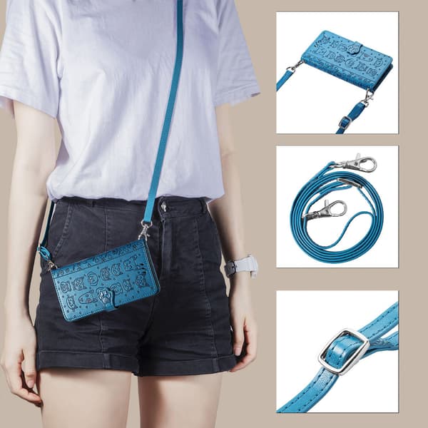 Etui til iPhone 16 blå pung med kortholder fuld crossbody rem flip