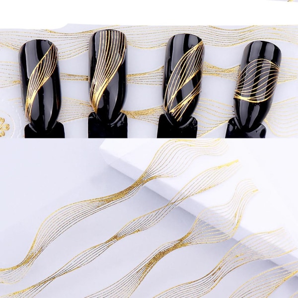 Nail Art Sticker Laser - Guld Metal Stripe Wave Line Tejp självhäftande Black Rose Gold