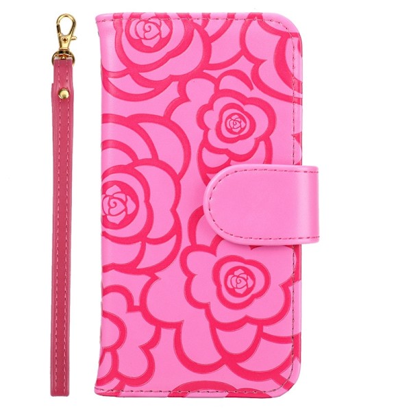 Etui til iPhone 15 Plus, roserød 3D-preget kamelia-lommebok med kortholder og flip