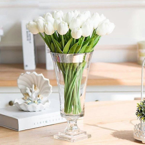 10 Fantastiske Realistiske Touch PU Kunstige Tulipaner Bukett Med Stilk - Gul white