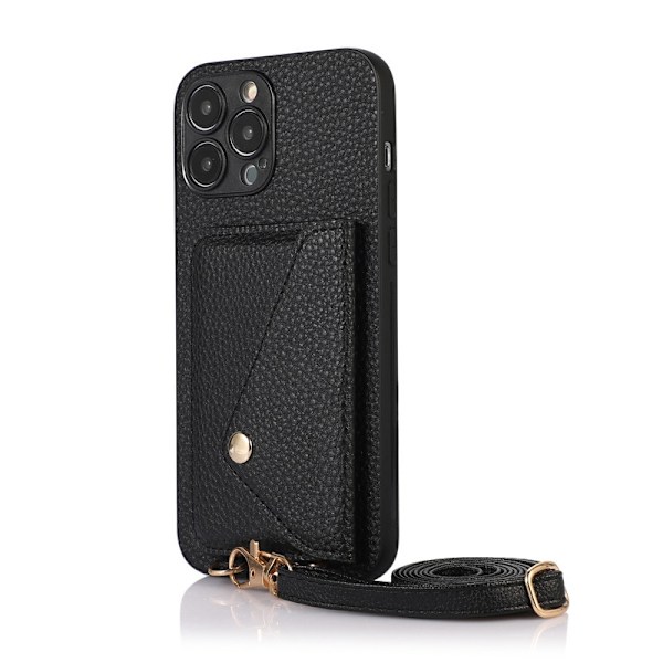 Fodral för iPhone 14 Plus / 6,7 tum Svart-Litchi Korthållare + Snodd Enfärgat Pebbled Plånboksfodral med Korthållare PU-läder