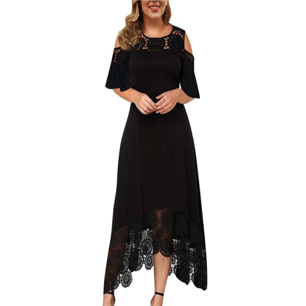 Lace Patchwork Rufsig kortärmad pulloverklänning Black 4XL