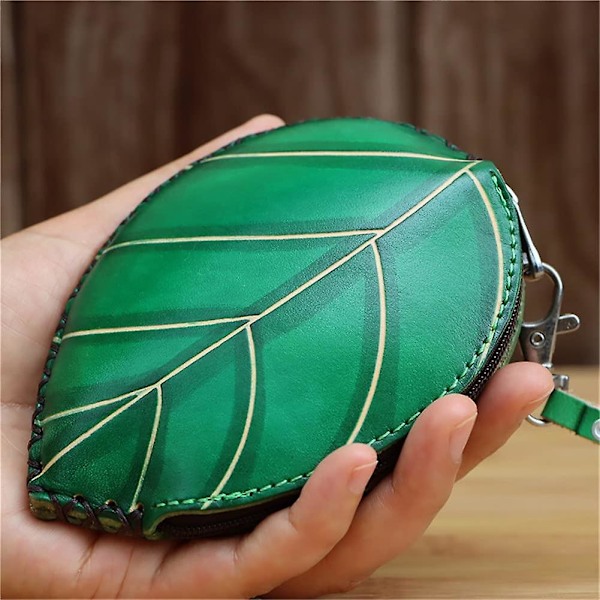 Dame Træ Blad Koskind Møntpung Kan Holde Mønter Armbånd Clutch Håndlavet Læder Lynlås Nøgleetui