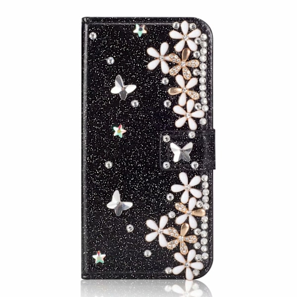 Fodral för iPhone 13 svart glitter lyckoblomma med diamanter Plånbok med korthållare strass