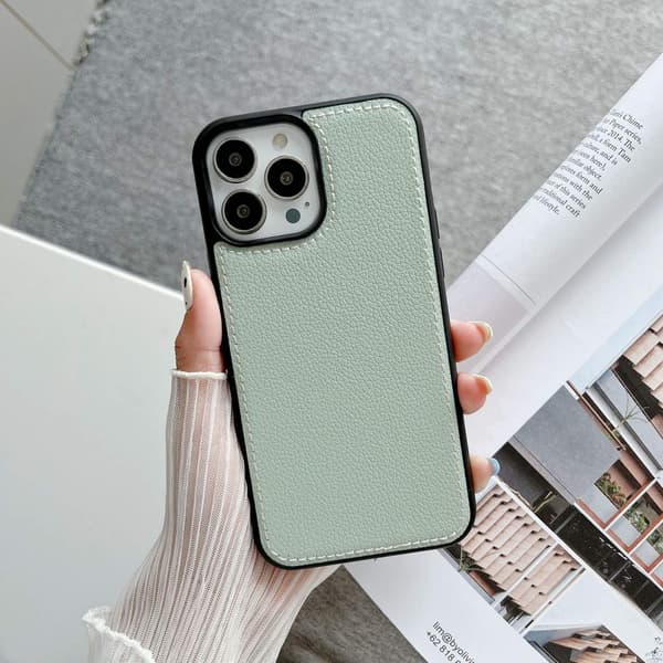 Fodral för iPhone 16pro Litchi-mönster 2 i 1 sömnad mintgrön klassisk Pebbled lädertextur par Full-Body