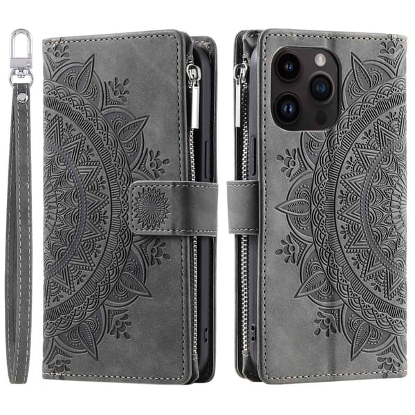 Fodral för iPhone 16PLUS grå Multi-kort dragkedjeväska Mandala 3D Präglad Plånbok med Korthållare