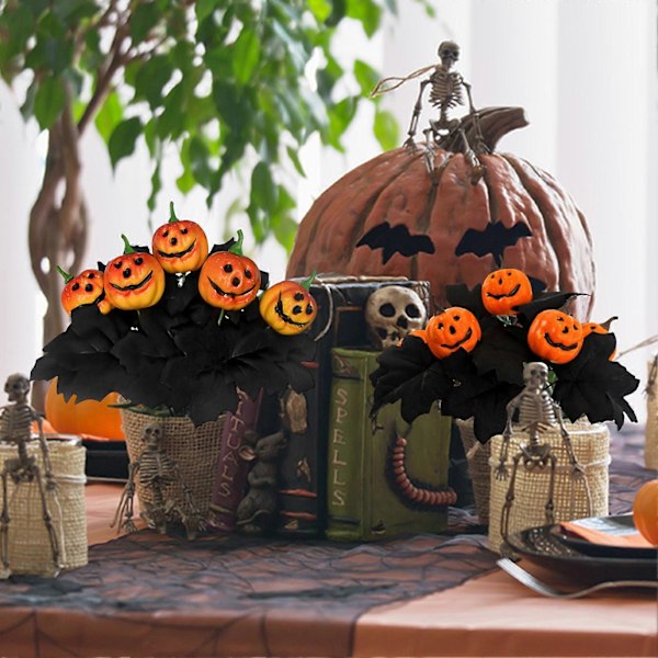 Halloween Kunstig Gresskar Blad Bukett 5 Gren Realistisk Falsk Lønneblad Planter Dekorasjon Hjemmekontor Bordpynt Festival Party Ornament Black 2