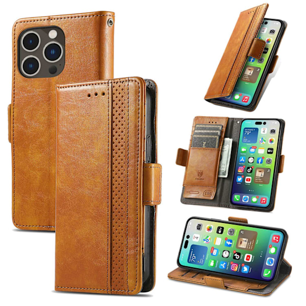 Etui til iPhone 14 Pro Max Lysebrun Flip Wallet med Kortholder Stand business