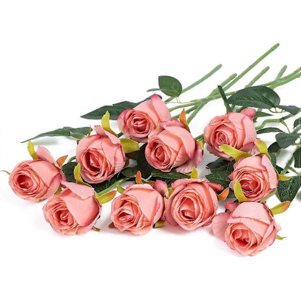 10 kpl Keinotekoisia silkkiruusuja, tekokukkakimppu pitkillä varsilla häihin, kodin juhlakoristeluun (Beige) Rose Red
