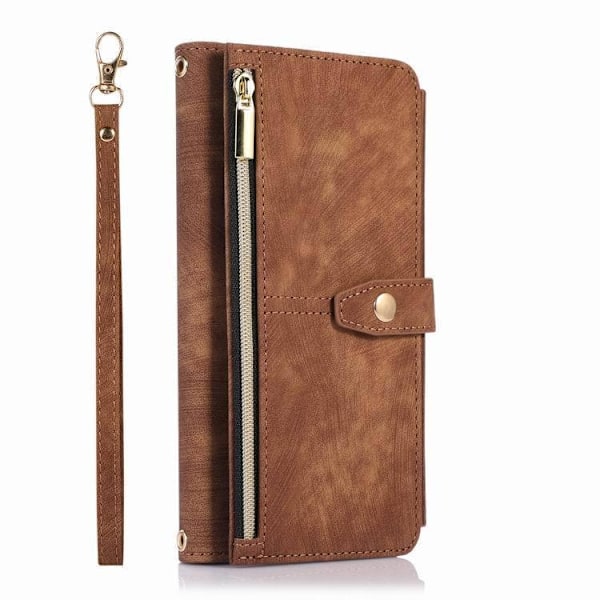 Etui til iPhone 14PLUS Brun (+ kort snor) Ni-korts lynlås pung med kortholder
