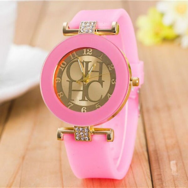 Enkelt läder Geneva Quartz Watch Dam Kristall Silikon Klockor Pink