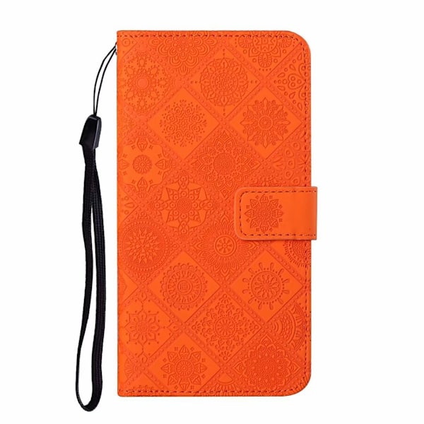 Etui til iPhone 16 Plus Orange 3D Præget Etnisk Tegnebog med Kortholder Flip Præget