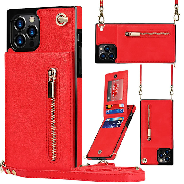 iPhone 13 punainen crossbody-vetoketjullinen lompakkokotelo korttipidikkeellä ja jalustalla