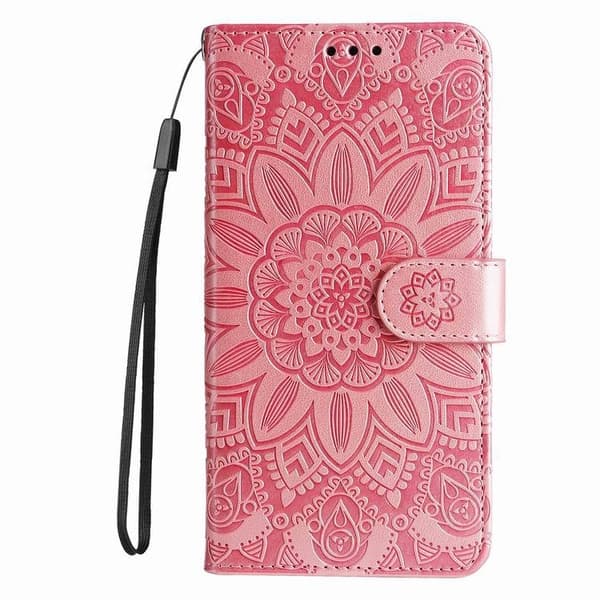 Fodral för iPhone 14 6.1 Roséguld Solros Präglat 3D Plånboksfodral med Korthållare