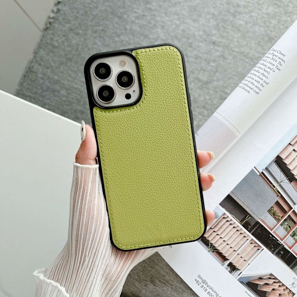 Etui til iPhone 13mini Lychee mønster 2 i 1 syning gul grøn klassisk Pebbled læder tekstur par Fuld krop