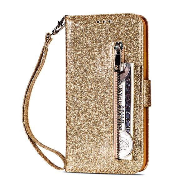 Etui til iPhone 16 Plus Guld Glitter Lynlås Læder Etui Mode glitter lynlås Flip Almindelig