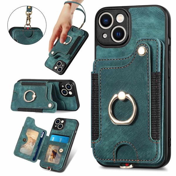 Etui til iPhone 14 Pro Grøn [med læder lanyard] RFID-Blokerende Ring Kort Holder