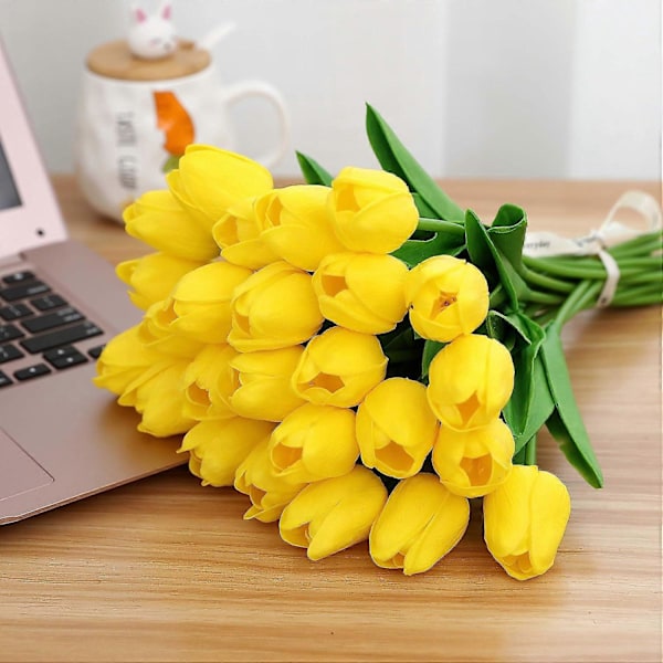 Keinotekoiset tulppaanikukat, 20 kpl 34 cm keinotekoisia lateksitulppaaneja kodin, huoneen, toimiston, juhlien ja häiden koristeluun, valkoinen Yellow
