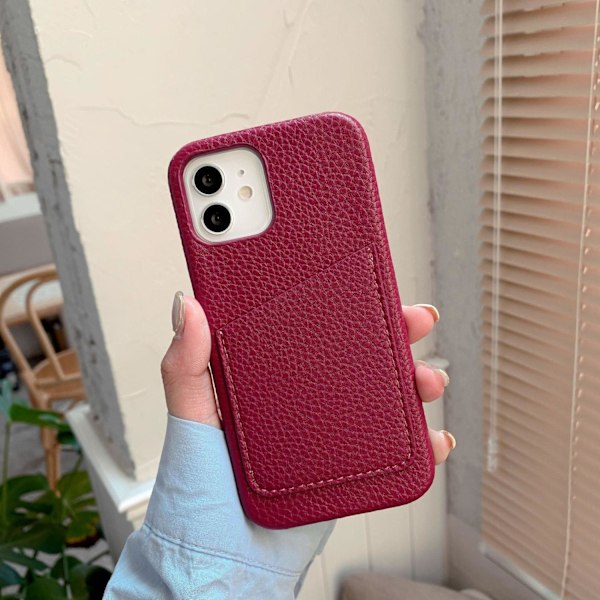 Kotelo iPhone 16plus -puhelimelle Litsi-kuvioinen korttipidike viininpunainen Kivisellä lompakolla ja korttipidikkeellä