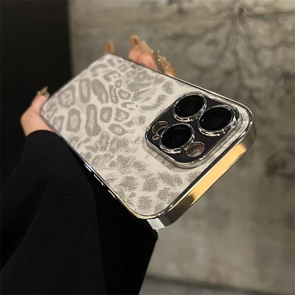Fodral för iPhone 15 Levereras med linsskydd [grå] elektropläterad ram leopardskal Lädertextur elektroplätering Helkropps leopardtryck självhäftande linsskydd