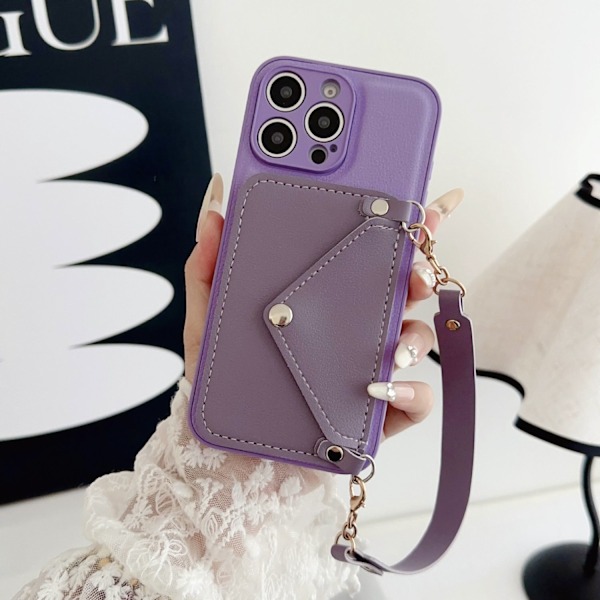 Etui til iPhone 14 Plus Lilla 2 i 1 Pebbled Ensfarget Håndleddsveske med Kortholder