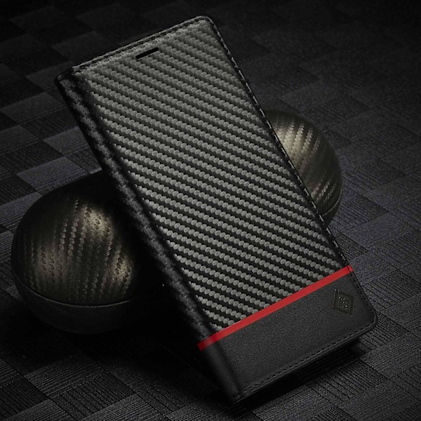 Etui til iPhone 13 Horisontale striber sort Wallet med kortholder Carbon Fiber Flip