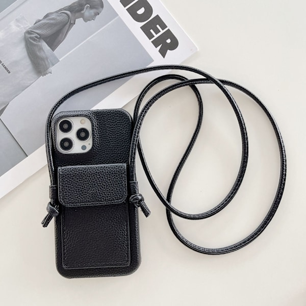 Fodral för iPhone 15 Pro Max Lychee-mönster öronkortshållare snodd svart Korthållare crossbody lädertextur