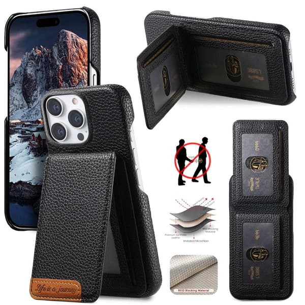 Etui til iPhone 13 Pro Max svart lær Pebbled Flip Lommebok med kortholder