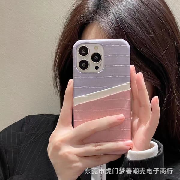 Etui til iPhone 14 Lyserød + lilla Wallet med kortholder Colorblocking Let luksuriøs lædertekstur