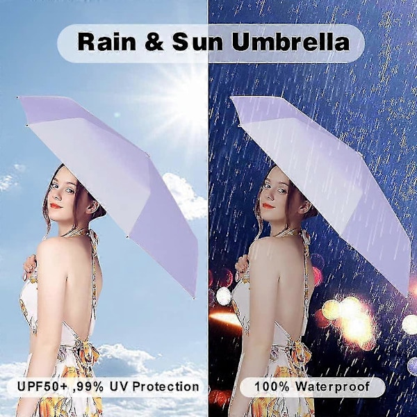 Pieni matkakokoinen aurinkovarjo laukkuun kotelolla, pieni kompakti UV-suoja aurinkovarjo, kannettava tuulenpitävä aurinkovarjo, violetti