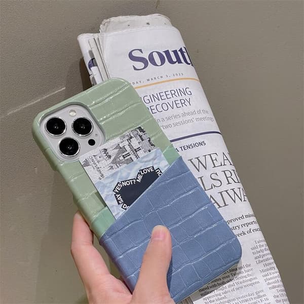Fodral för iPhone 14 Matcha grön + blå Krokodilmönster Plånbok med Korthållare lädertextur