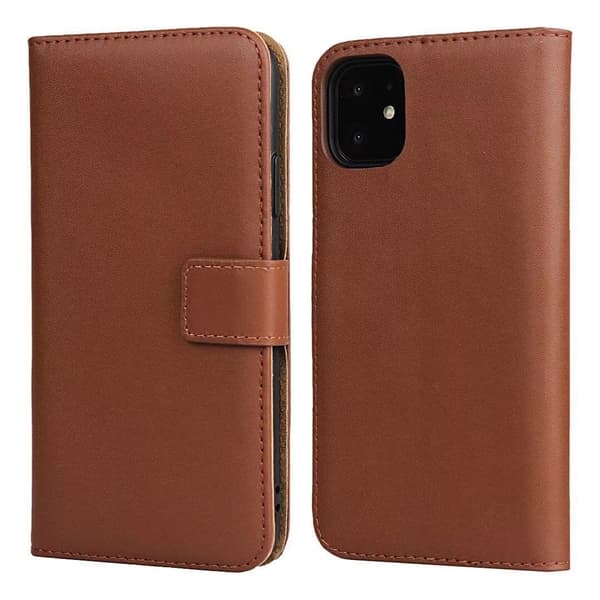 Etui til iPhone 15 brun Kalveskind Flip Wallet med Kortholder