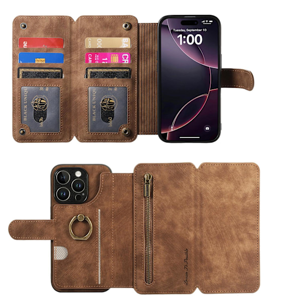 Fodral för iPhone 13 brun Extra Stor Tri-Fold Flip Business RFID-Blockerande Multi-Plånbok med Korthållare