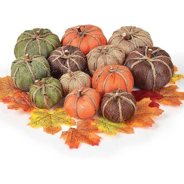 Linpumpe Sett Høstdekorasjon, 12 stk Assortert Størrelse og Farge Stoffgresskar med 50 stk Lønneblader for Borddekorasjon Halloween Thanksgiving