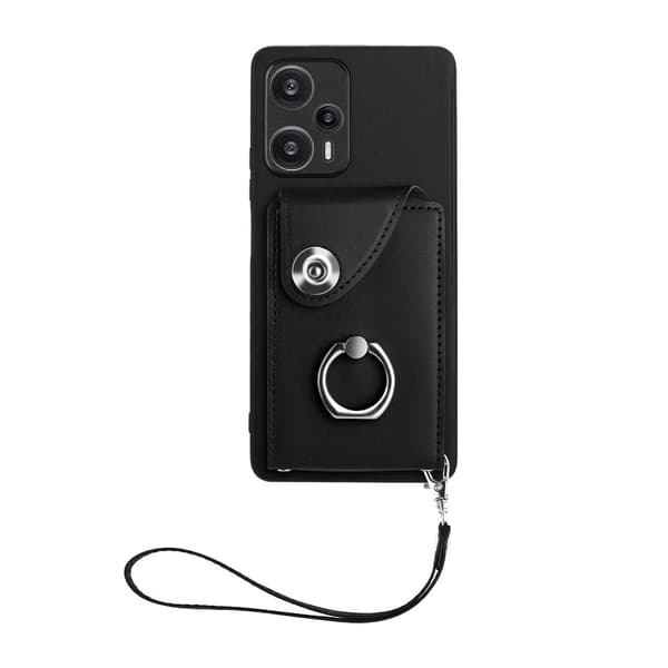 Fodral för iPhone 15 Plus Svart + stor handrem Plånboksfodral med korthållare