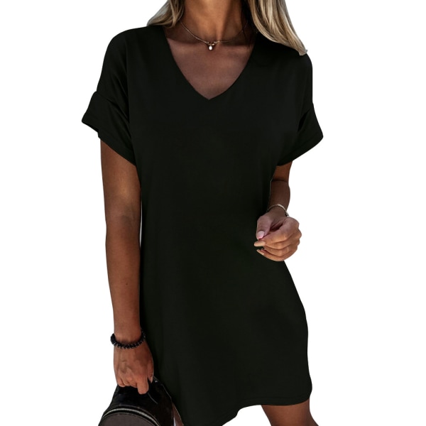 Kvinnors kortärmad V-ringad enfärgad lös klänning Black XL