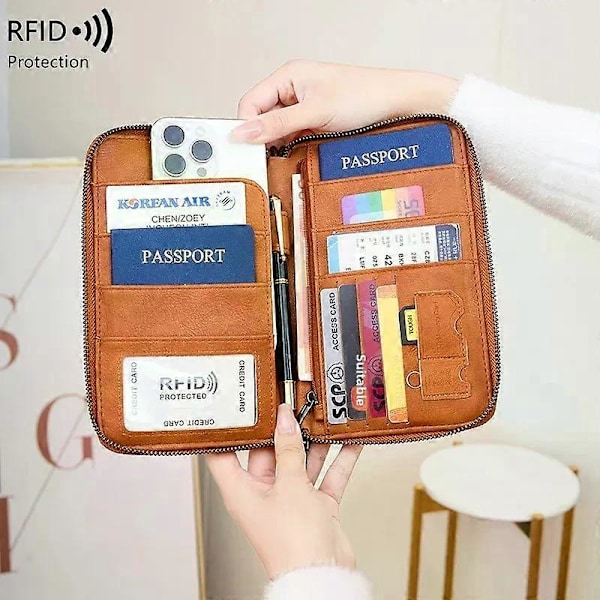 Gränsöverskridande Ny RFID Anti-Magnetisk Sedelklämma Dragkedja Passfodral Dokumentväska Flygbiljett Förvaringsficka Multifunktionell Passp Light brown