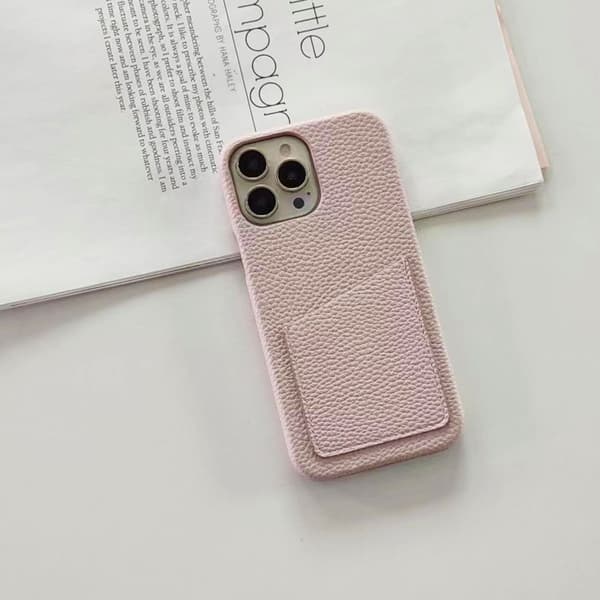 Etui til iPhone 16E blek rosa-grå Pebbled Wallet med kortholder, klassisk halv pakke