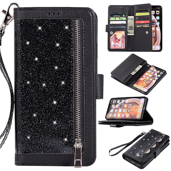 Etui til iPhone 16promax sort glitter ni-kort lynlåspung Wallet med kortholder