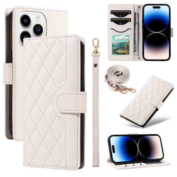 Kotelo iPhone 15 Prolle, valkoinen + pitkät ja lyhyet narut, muoti-ins, lompakko korttipidikkeellä, crossbody