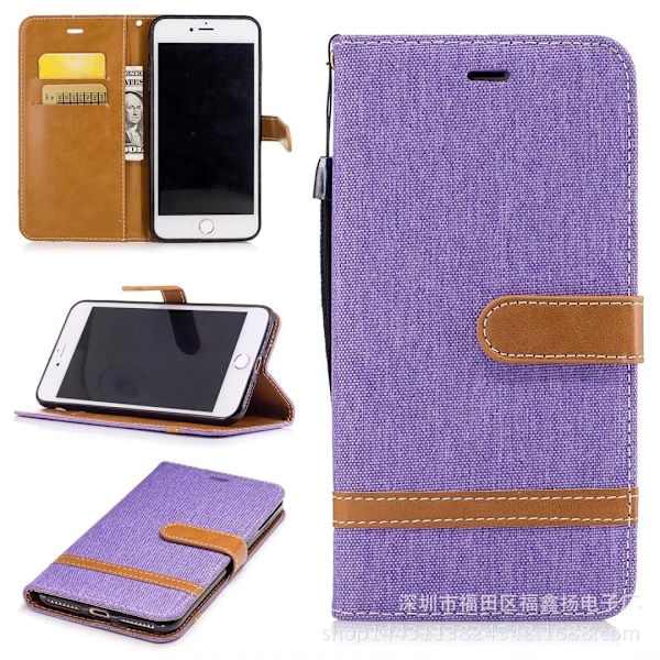Fodral för iPhone 13 Lila Denim Blandade Material Kontrastfärg Plånbok med Korthållare Flip