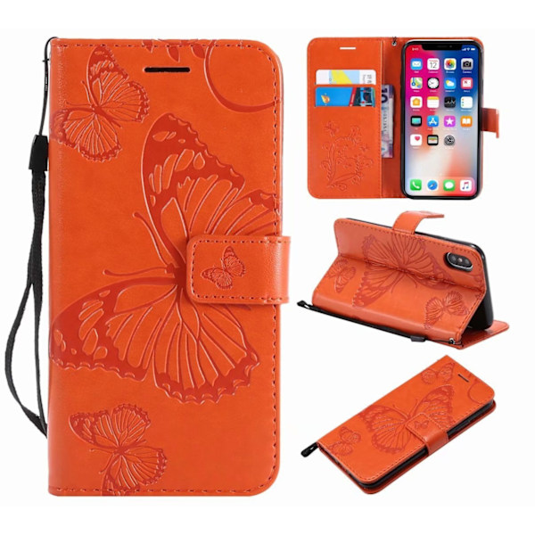 Etui til iPhone 16 orange farve 3D Præget Sommerfugl Præget Tegnebog med Kortholder Flip