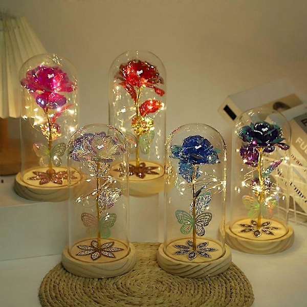 Skjønnheten og Udyret Rose Lampe i Glasskuppel, LED Evig Galakse Rose Kunstig Blomst