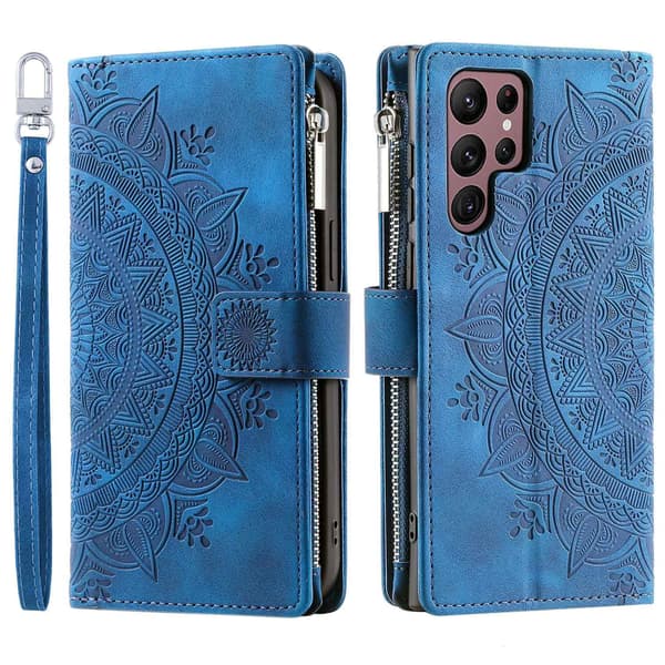Etui til iPhone 14 Pro Max blå Multi-kort Totem Lynlås Flip Wallet med Kortholder
