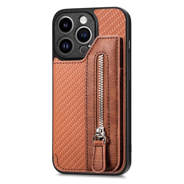 Fodral för iPhone 15PLUS brun Kolfibermönster Plånbok med Korthållare stativ