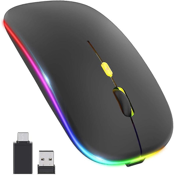 Ny led trådlös mus, med USB & Type-c-mottagare, kompatibel med bärbar dator (svart)