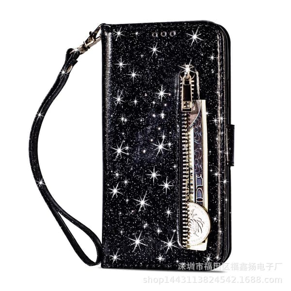 Etui til iPhone 13 mini sort glitter lynlås pung med kortholder flip