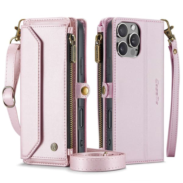 Etui til iPhone 13 pink Flip lynlås pung med kortholder
