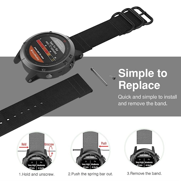 Sort Sort kompatibel med Garmin Fenix 5 22mm Tre-rings Nylon Klokkereim